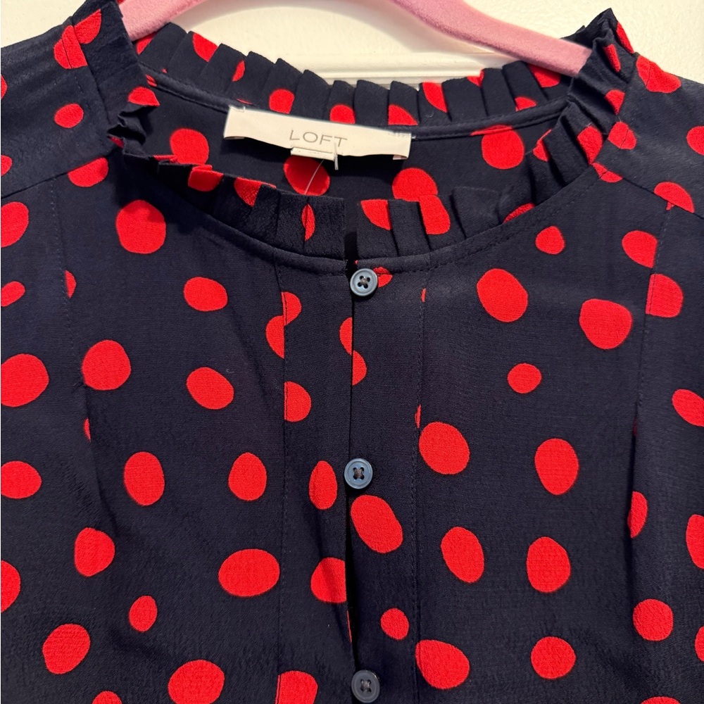 NWT LOFT Dark Blue long sleeve blouse with Bright Red Dots. Size L.